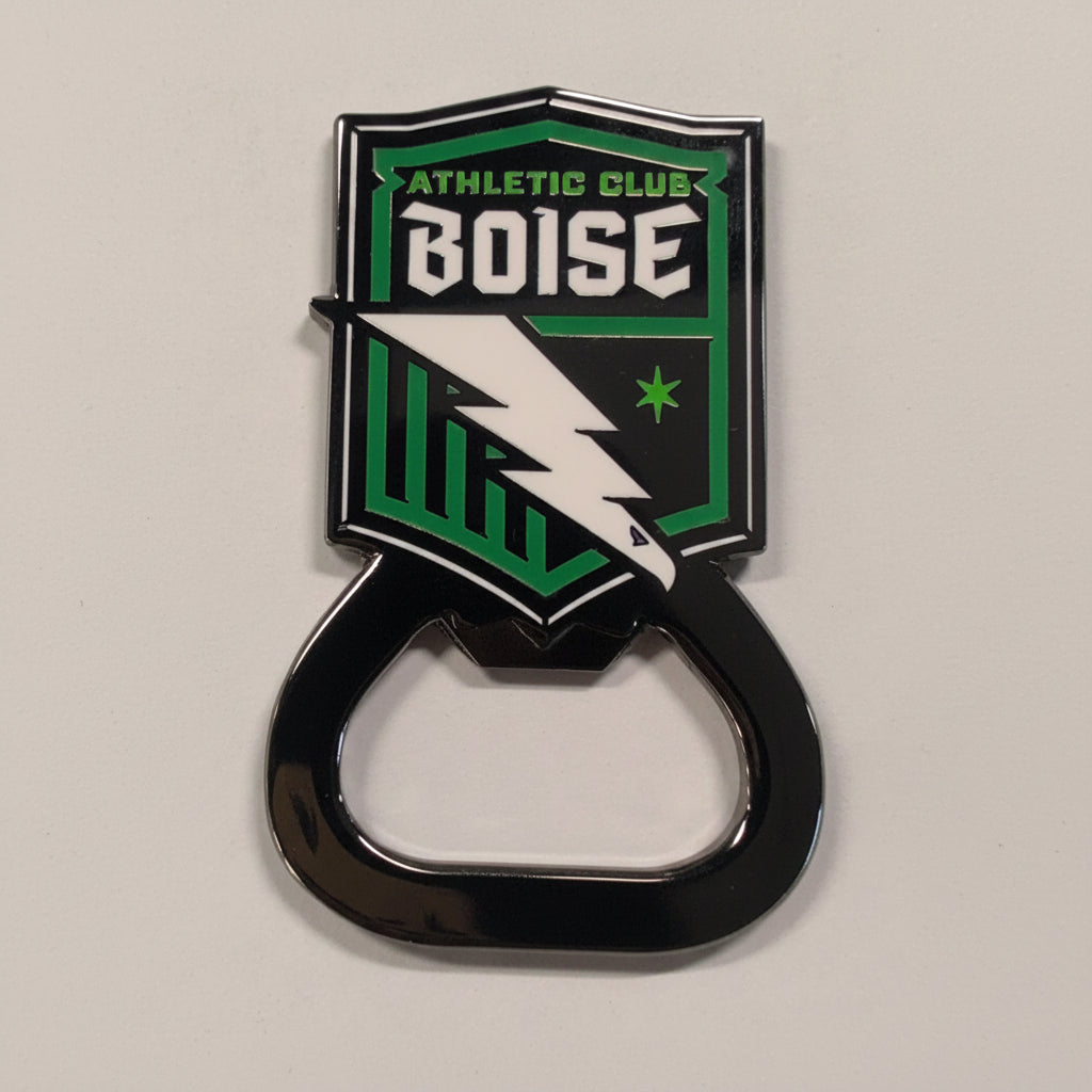 Bottle opener with Boise Athletic Club logo on a light gray background