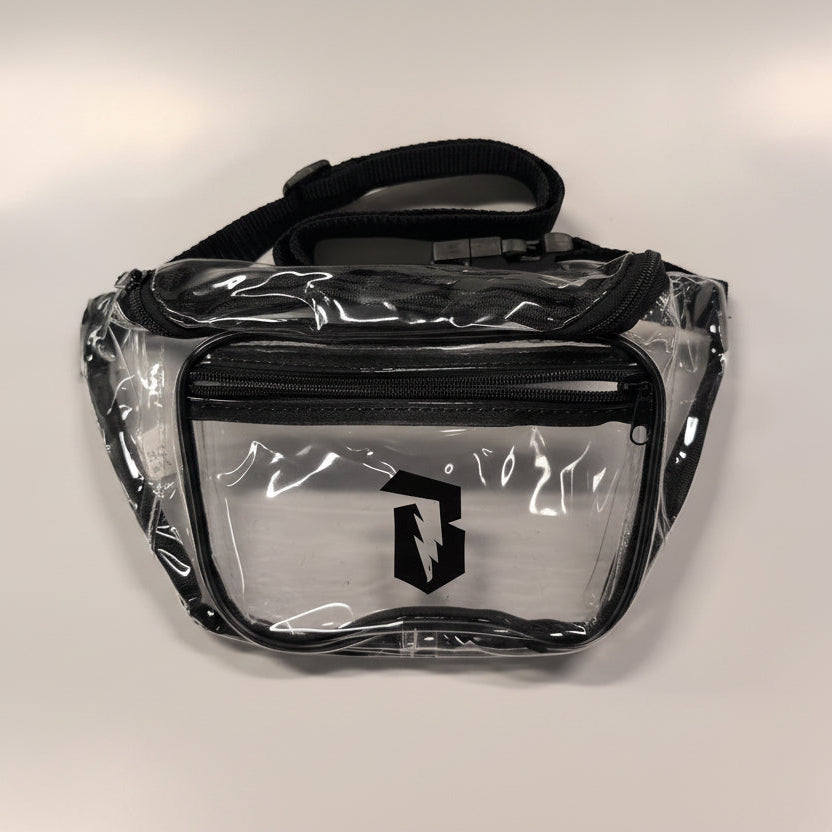 Clear waist bag with black strap and logo on a white background