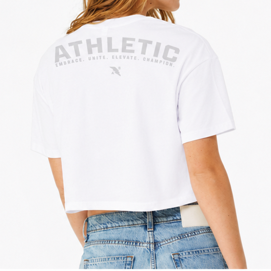 woman wearing white cropped tee with light grey "ATHLETIC" on back