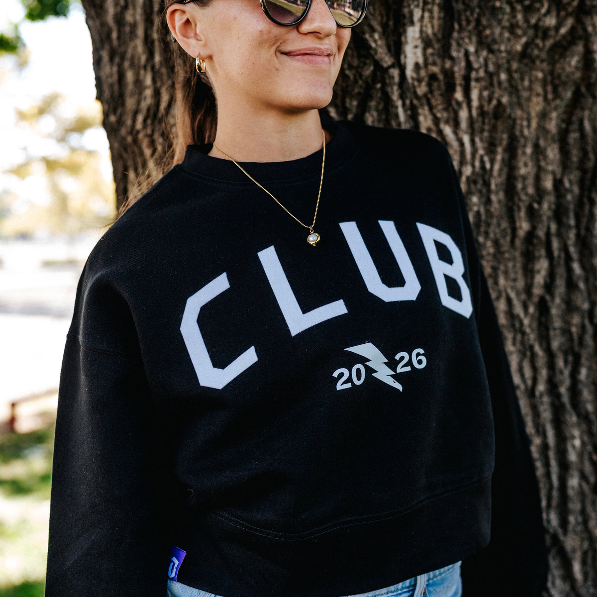 Club Black Felt Applique Womens Cropped Crewneck