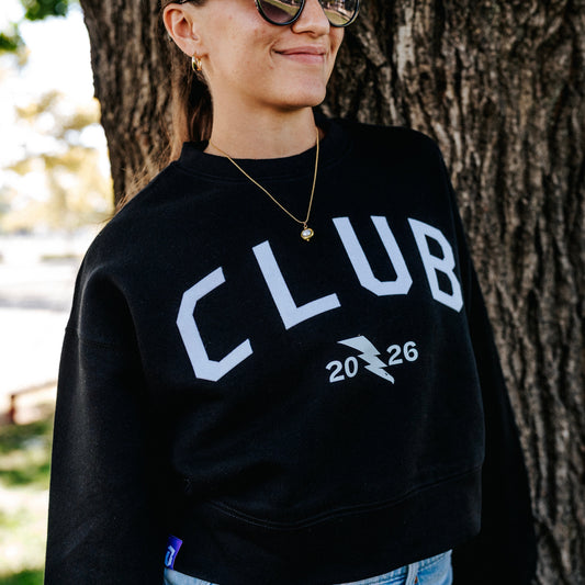 Club Black Felt Applique Womens Cropped Crewneck