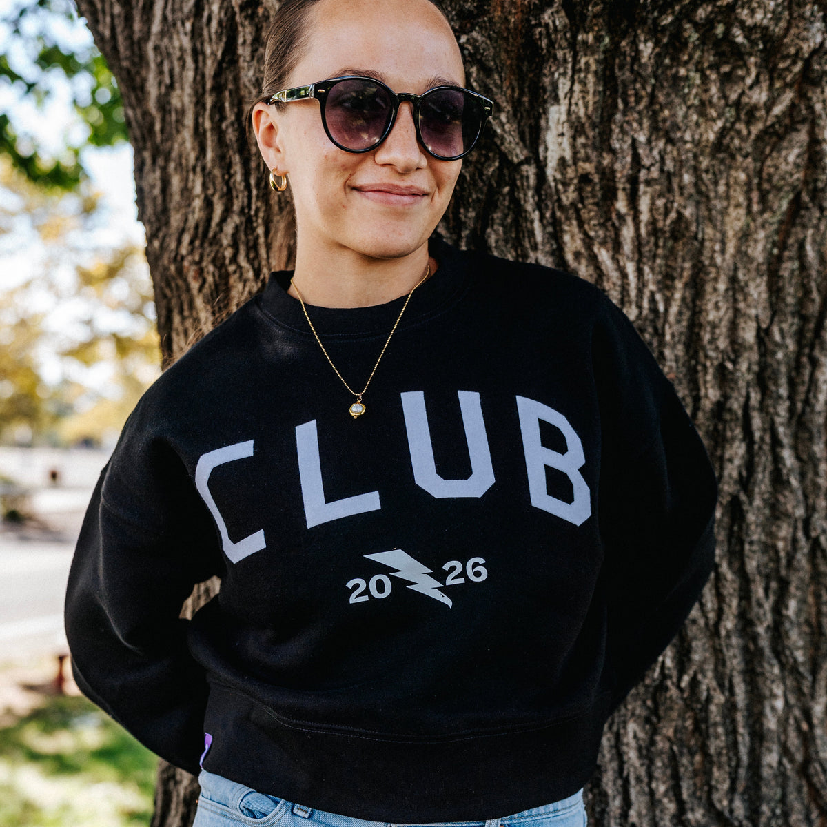 Club Black Felt Applique Womens Cropped Crewneck