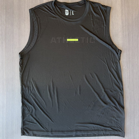 A black sleeveless athletic tank top with a small neon green vertical stripe and 'ATHLETIC' text on the chest, laid flat on a light wood floor.